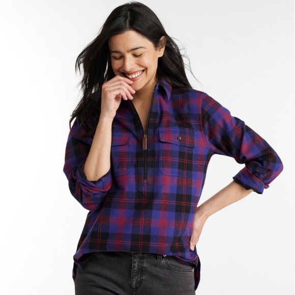 L.L. Bean Relaxed Fit 1/2 Zip Red and Blue Checkered Shirt - Picture 2 of 14